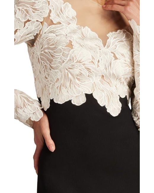 Tadashi Shoji Floral Lace Bodice Mixed Media Long Sleeve Gown in