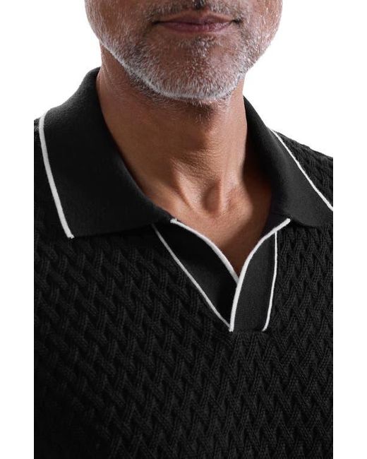 Bugatchi Black Johnny Collar Basket Stitch Cotton Blend Polo Sweater for men