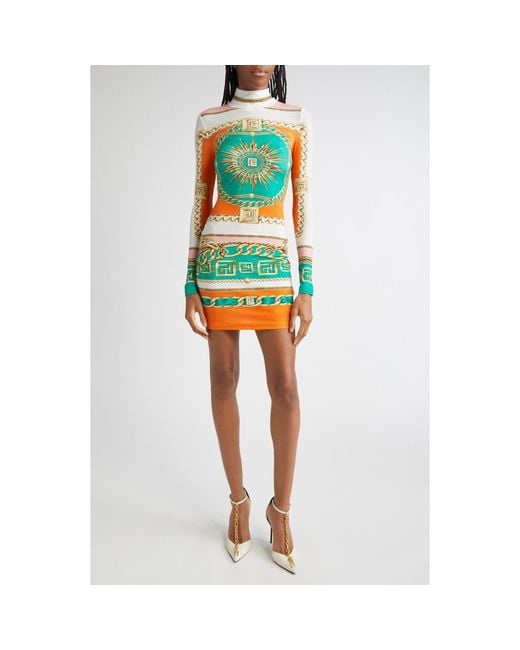 Balmain Green Foulard Print Long Sleeve Body-Con Minidress