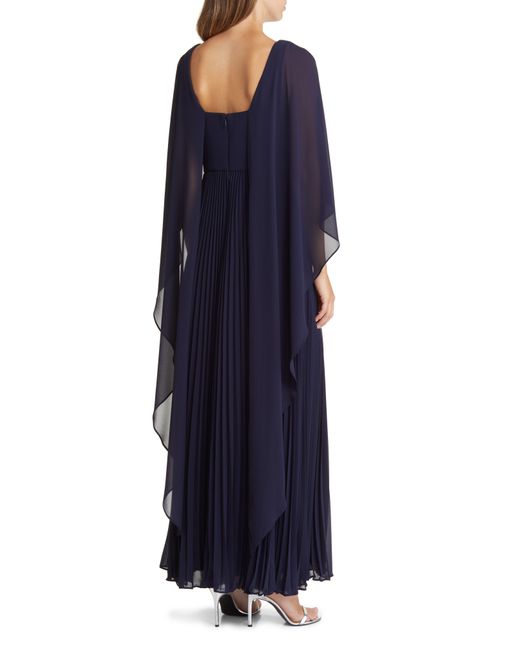 Marina Blue Capelet Overlay Pleated Chiffon Gown