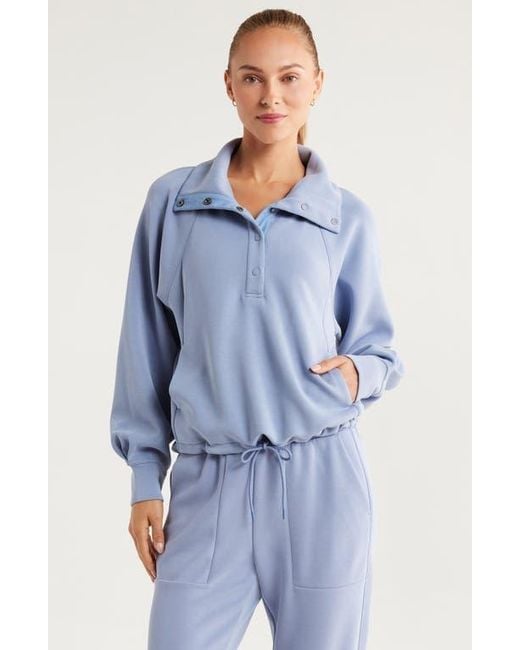 Zella Ultrasoft Snap Funnel Neck Sweatshirt in Blue | Lyst