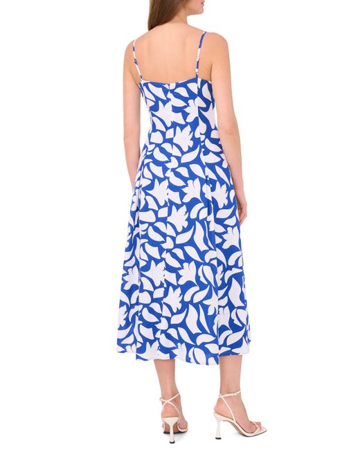 Halogen® Blue Halogen(r) Floral Godet Pleat Linen Blend Midi Dress