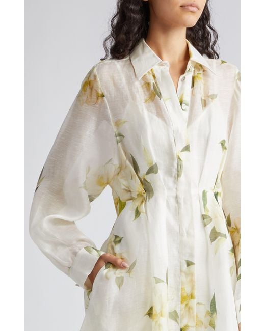 Zimmermann Natural Harmony Floral Print Pleated Long Sleeve Linen & Silk Shirtdress