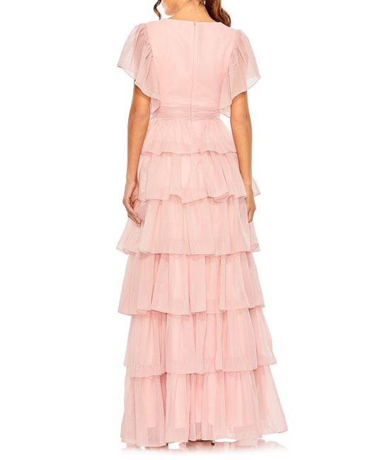 Ieena for Mac Duggal Metallic Flutter Sleeve Ruffle Tiered Gown in Pink ...