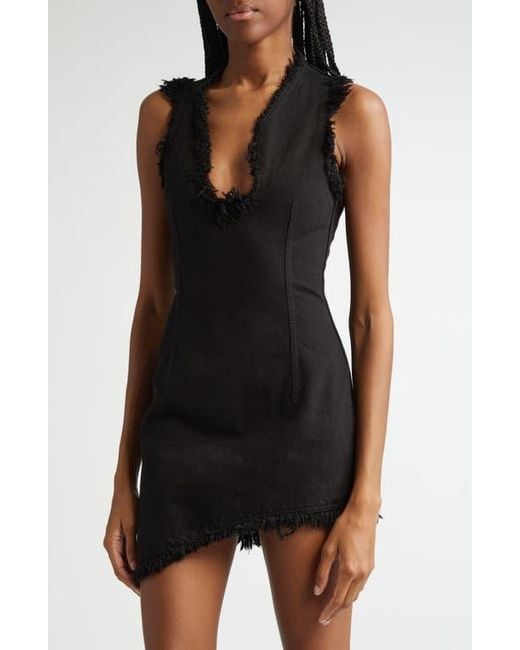 Ferragamo Black Frayed Hem Asymmetric Denim Minidress