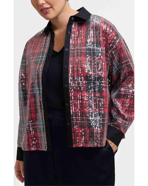 Foxcroft Red Marina Sequin Button-Up Shirt