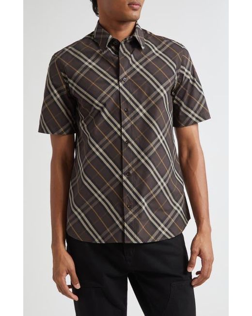 Burberry Men's Brown Robert Check Short Sleeve Cotton Button-Up Shirt