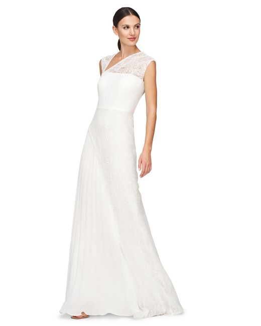 Kay Unger White Dianna Lace Pleated Gown