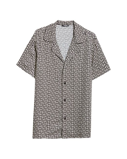 Balmain Gray Monogram Print Short Sleeve Button-up Camp Shirt for men