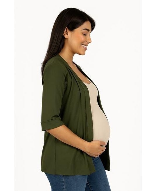 24seven Comfort Apparel Green Maternity Open Front Elbow Length Sleeve Cardigan