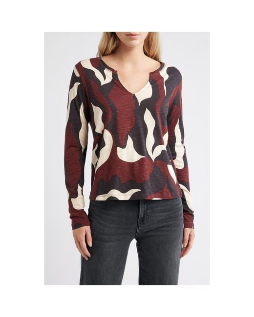 Sanctuary Red Print Split Neck Knit Top
