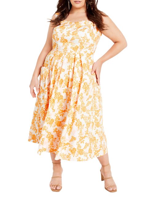 City Chic Orange Luiza Daze Floral Ruffle Trim Midi Dress