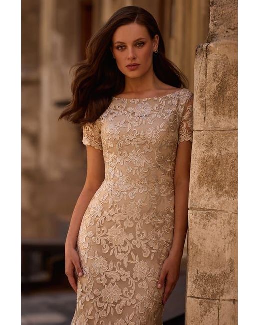 La Femme Brown Beautiful Lace Mother Of The Bride Dress With Short Sleeves