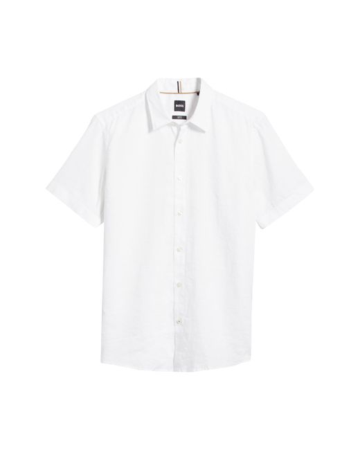 Boss White Roan Short Sleeve Stretch Linen Blend Button-up Shirt for men