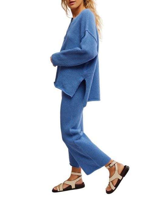 Free People Blue Free-Est Hailee Waffle Stitch Long Sleeve Top & Wide Leg Pants Knit Set