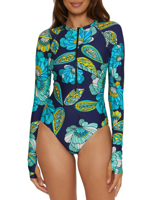 Trina Turk Blue Pirouette Floral Half Zip Long Sleeve One-piece Rashguard Swimsuit