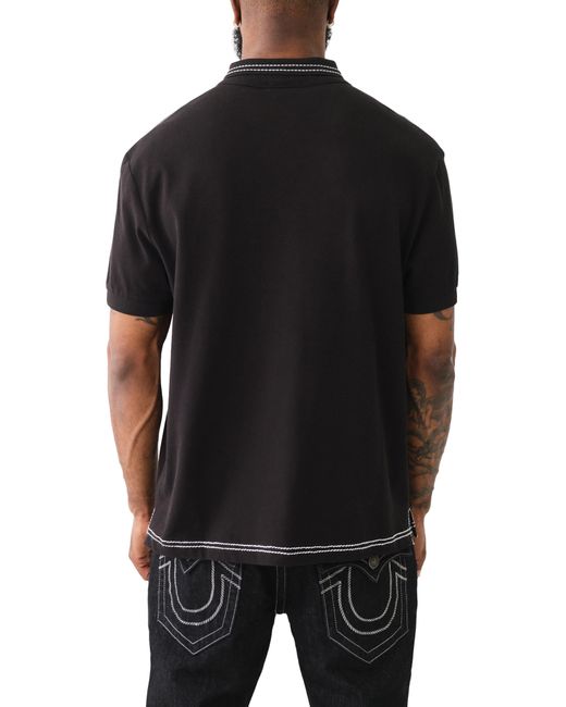 True Religion Black Relaxed Fit Big T Embroidered Polo for men