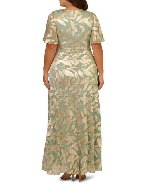 adrianna papell gold leaf dress Adrianna Papell Leaf Print Off-The-Shoulder Sleeveless Back Zipper Closure  Foiled Knit A-Line Gown Dress