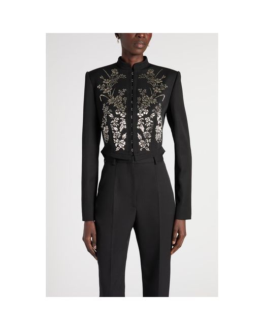McQueen Black Beaded Floral Hook & Eye Wool Jacket