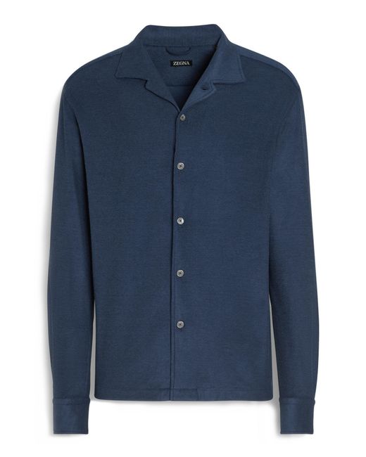Zegna Blue Sponge Cotton & Silk Knit Button-up Shirt for men