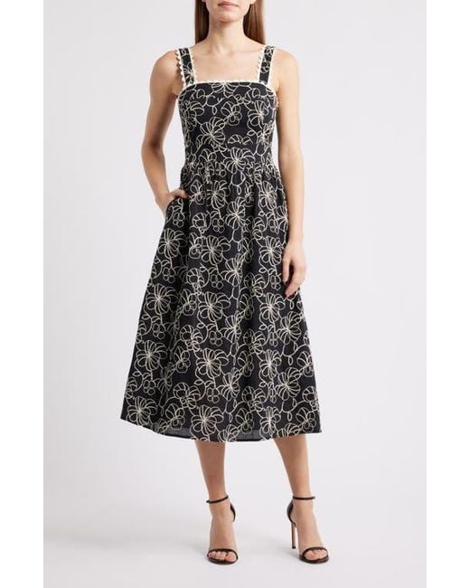 Sam Edelman Floral Embroidered Cotton Midi Dress in Black | Lyst
