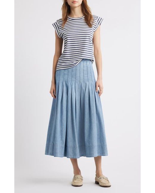 The Great Blue The Rhythm Pleated Chambray Midi Skirt