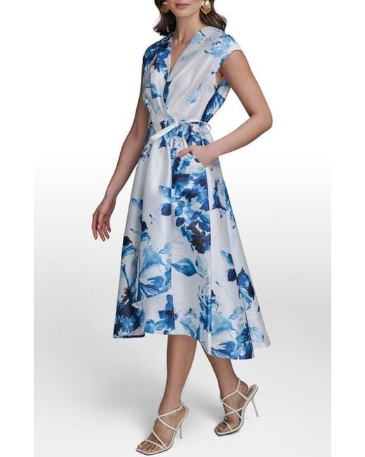Donna Karan Blue Floral Wrap Cocktail Dress