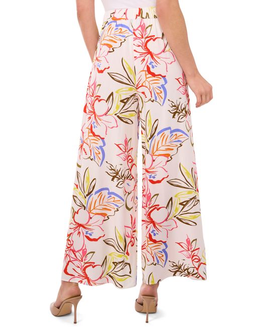 Cece Red Floral Tie Front Overlay Wide Leg Pants