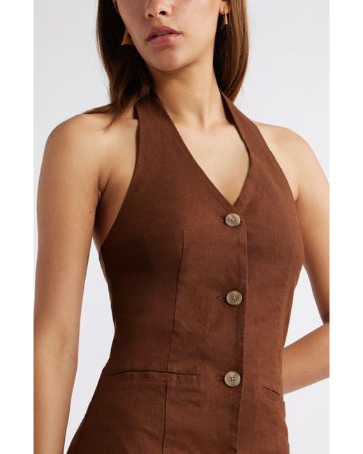Open Edit Brown Halter Linen Blend Minidress