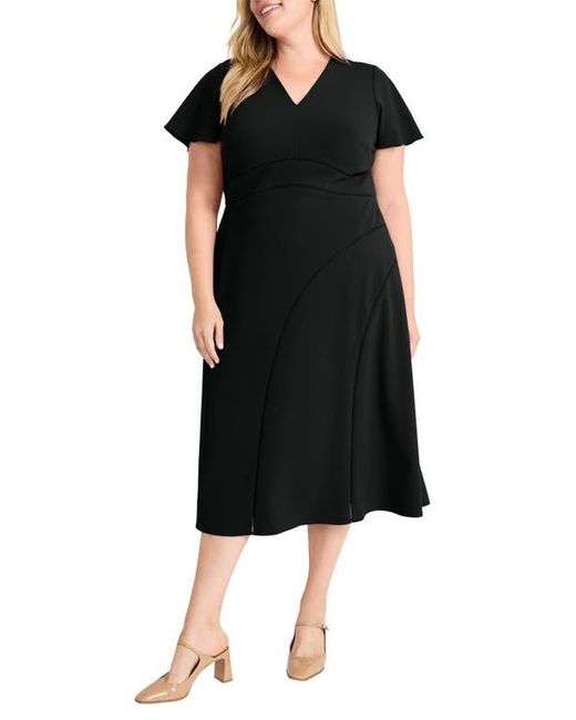 Maggy London Black Short Sleeve Lattice Detail Midi Dress