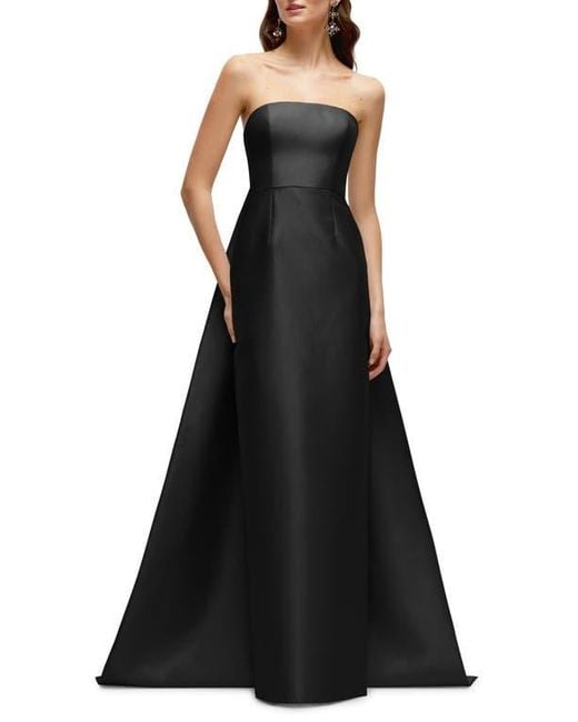 Alfred Sung Black Strapless Satin Twill Column Gown With Removable Train