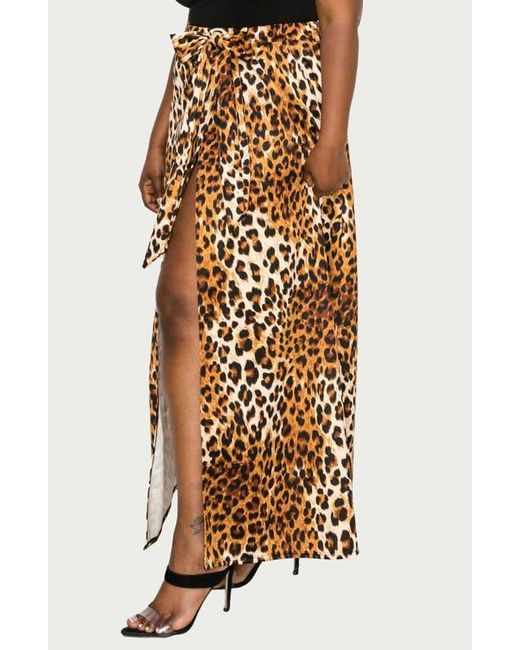 L I V D Gray Leopard Tie Front High Waist Faux Wrap Maxi Skirt