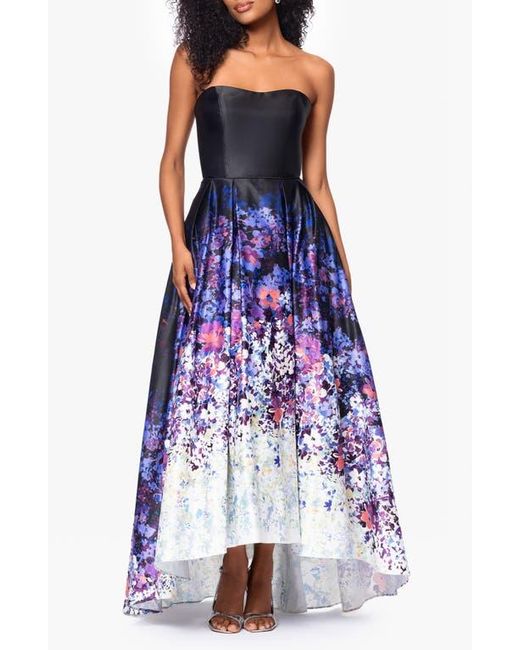 Betsy & Adam Purple Ombré Floral Strapless High Low Ball Gown