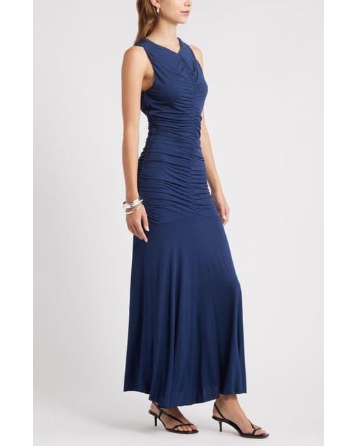 Open Edit Blue Ruched Sleeveless Maxi Dress