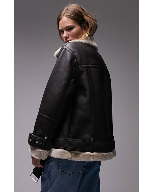 Aviator Oversize Faux Leather Jacket With Faux Fur Trim in Gray