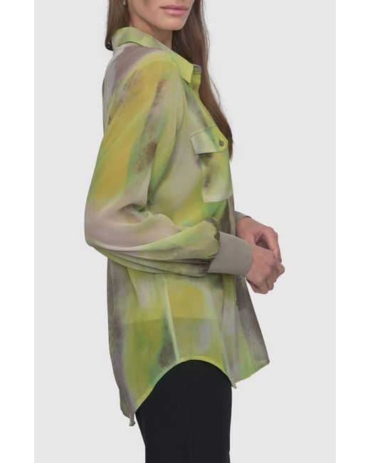 DKNY Green Abstract Print Chiffon Button-Up Shirt