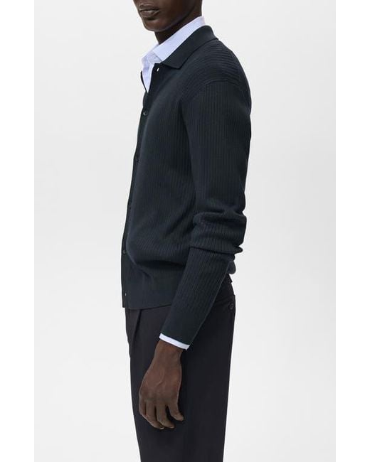 Mango Blue Ribbed Full Button Cardigan for men
