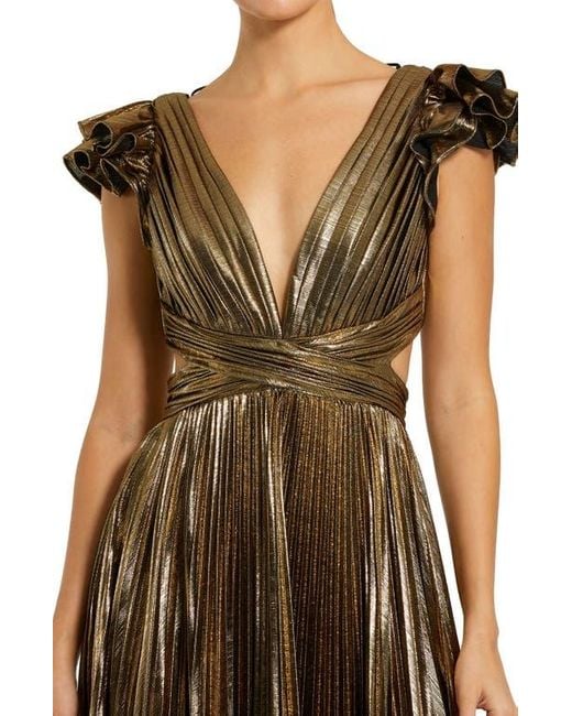 Mac Duggal Brown Ruffle Sleeve Cutout Pleated Metallic Gown