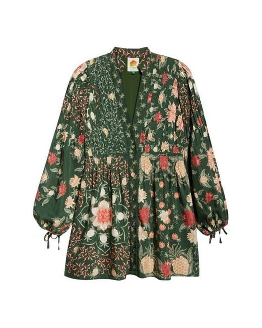 Farm Rio Green Pineapple Garden Long Sleeve Button Front Minidress