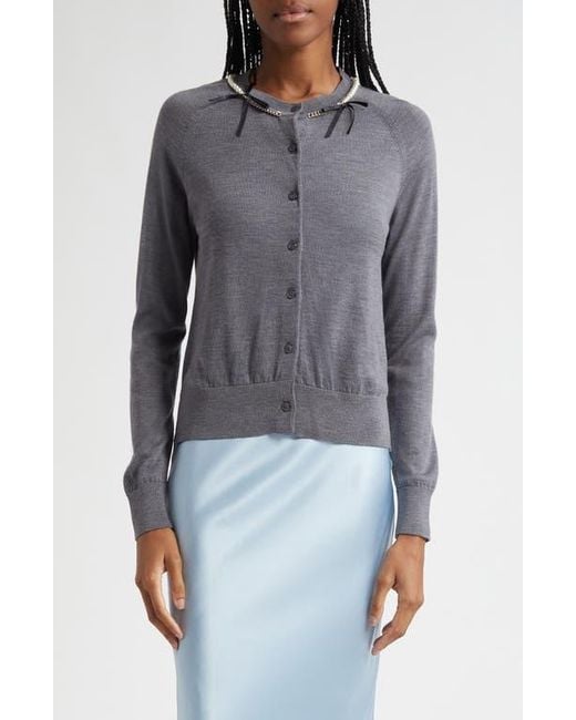 Simone Rocha Gray Classic Long Sleeve Merino Wool & Silk Cardigan With Faux Pearl Detail