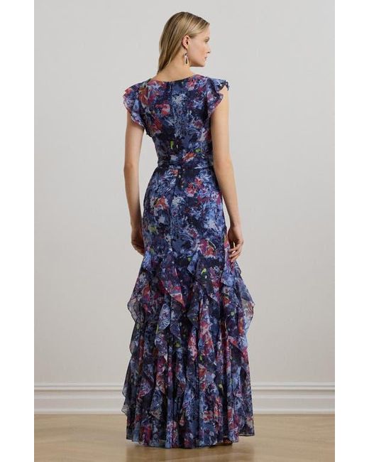 Ralph Lauren Blue Abstract Floral Ruffle Detail Crinkle Georgette Gown