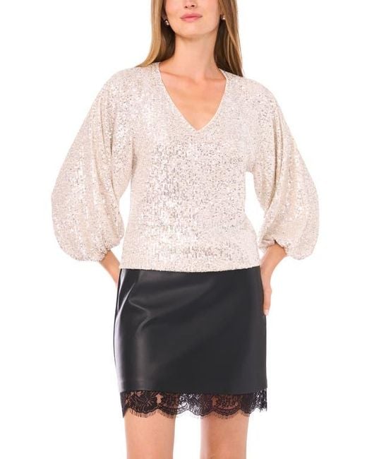 Vince Camuto White Sequin Balloon Sleeve Top