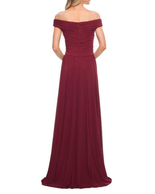La Femme Red Off The Shoulder Net Jersey Long Dress With Ruching