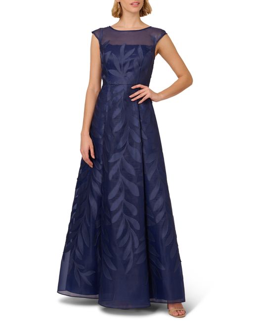 Adrianna Papell Blue Leaf Appliqué Organza Gown