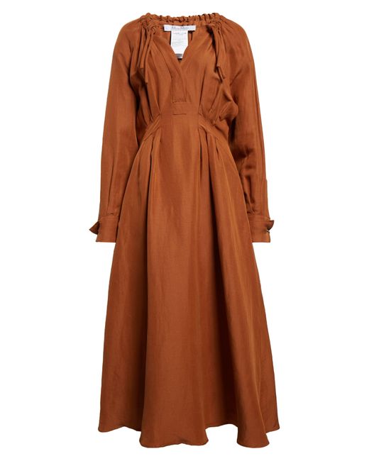 Max Mara Brown Drina Pleated Waist Long Sleeve Linen & Silk Dress