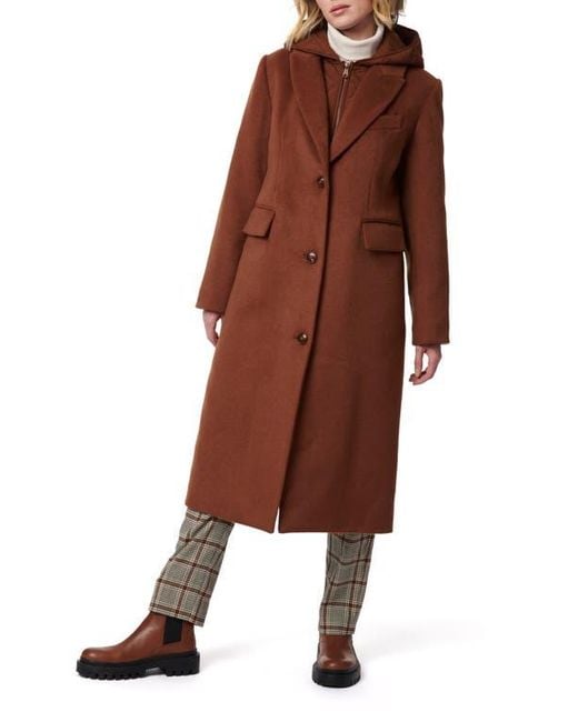 Bernardo Brown Long Coat With Hooded Quilted Bib