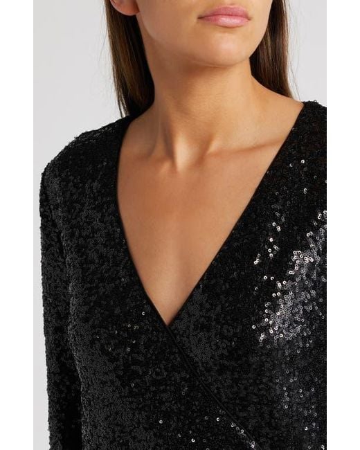 Chelsea28 Black Long Sleeve Sequin Wrap Minidress