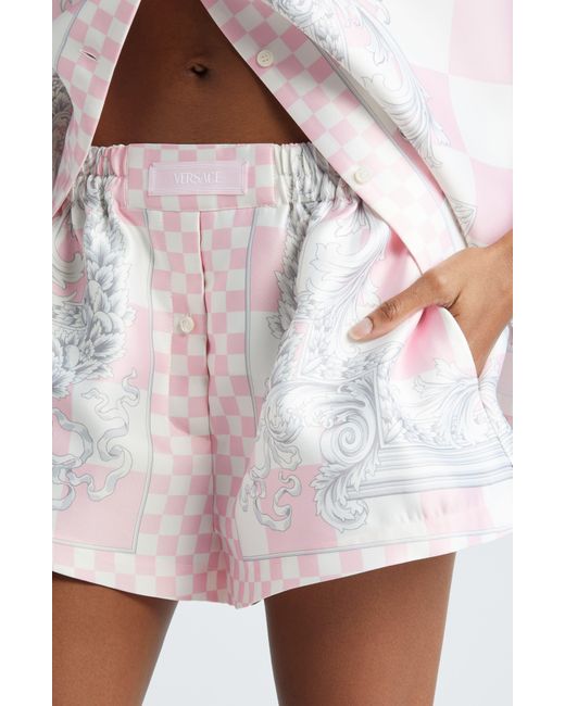 Versace Pink Border Print Check Satin Shorts