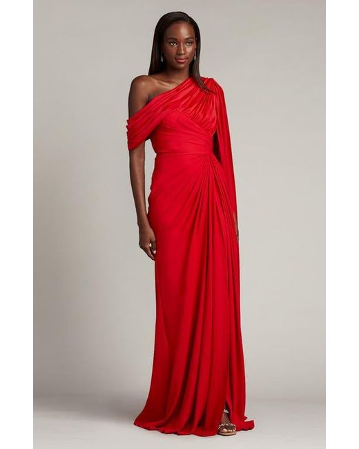 Tadashi Shoji Red Ember One-Shoulder Draped Gown