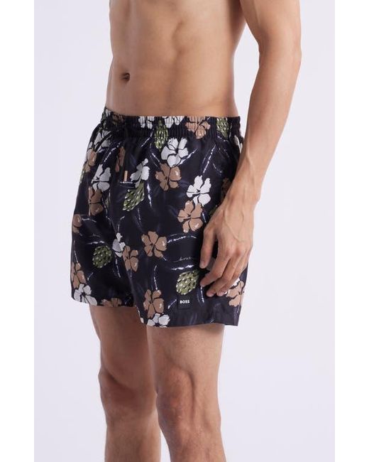 Boss Blue Piranha Floral Swim Trunks for men